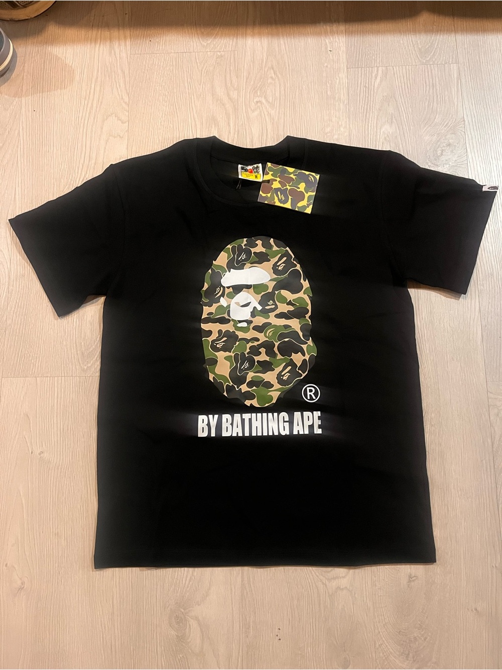 Bape Black T-Shirt with Green & Brown Camo Ape Head